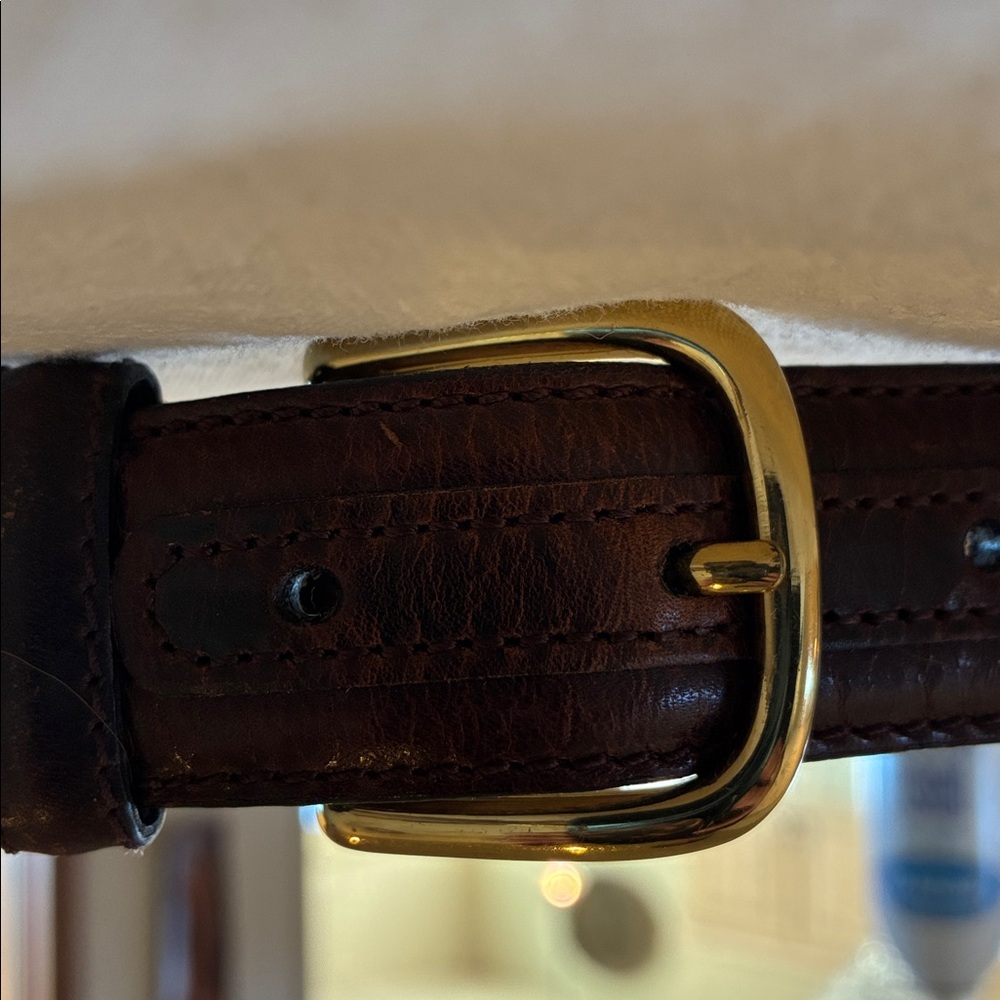 Men Brown Leather Belt with Gold Buckle Made of Harness Leather Perfect Unused